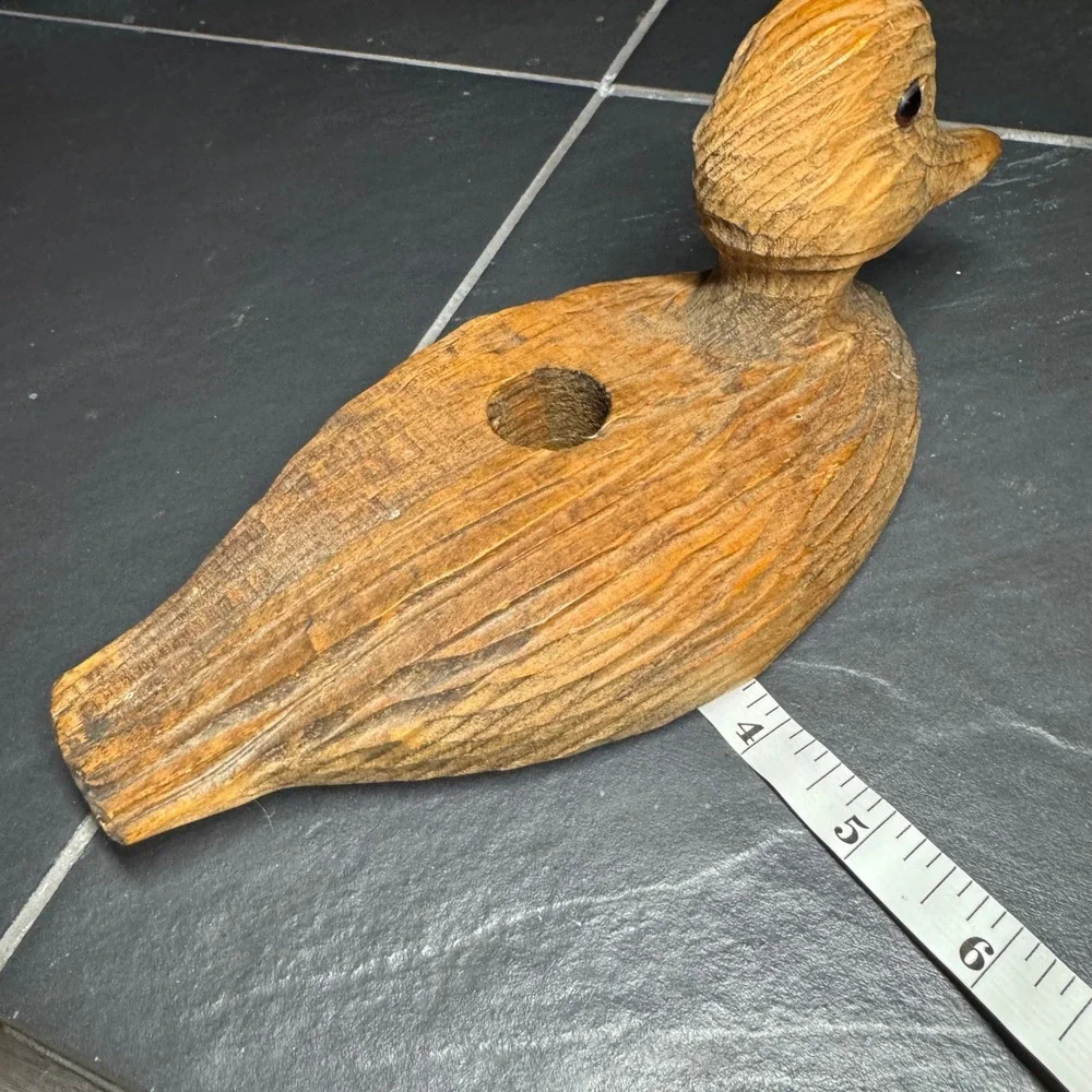 Vintage Hand Carved Wooden Duck Decoy Candle Holder Rustic Waterfowl Figurine 9